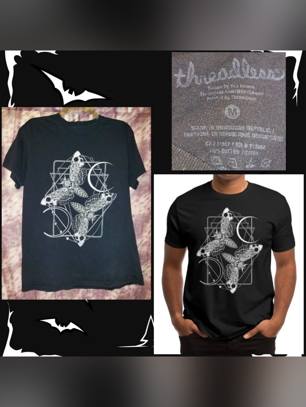 Threadless Black & White Dance of the Death Moths Knit Unisex T-Shirt Sz Medium